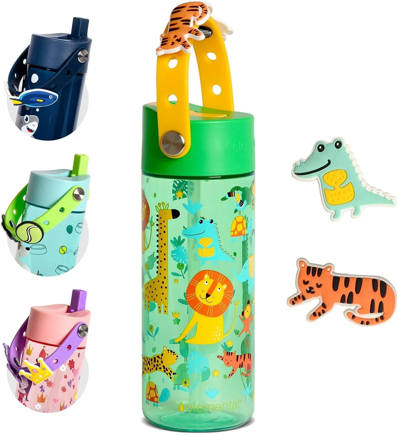 Elemental Water Bottles for Kids - Splash Kids Water Bottle for School with Fun Charm Handle - BPA Free Tritan Plastic Bottle with Straw Leak Proof When Spout is Closed - 18oz - Jungle Friend