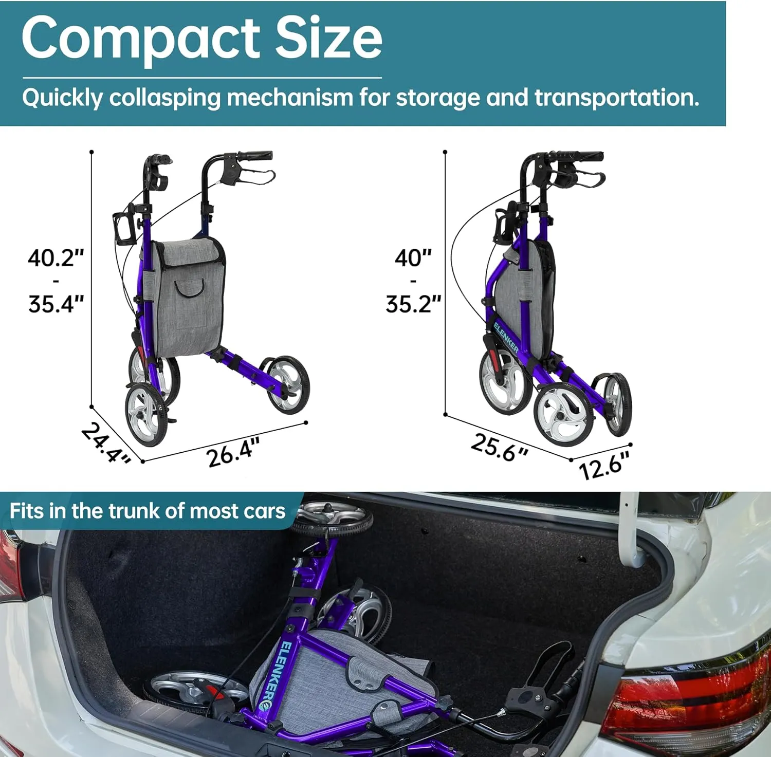 ELENKER 3 Wheel Rollator Walker for Seniors, Three Wheeled Mobility Aid, Purple