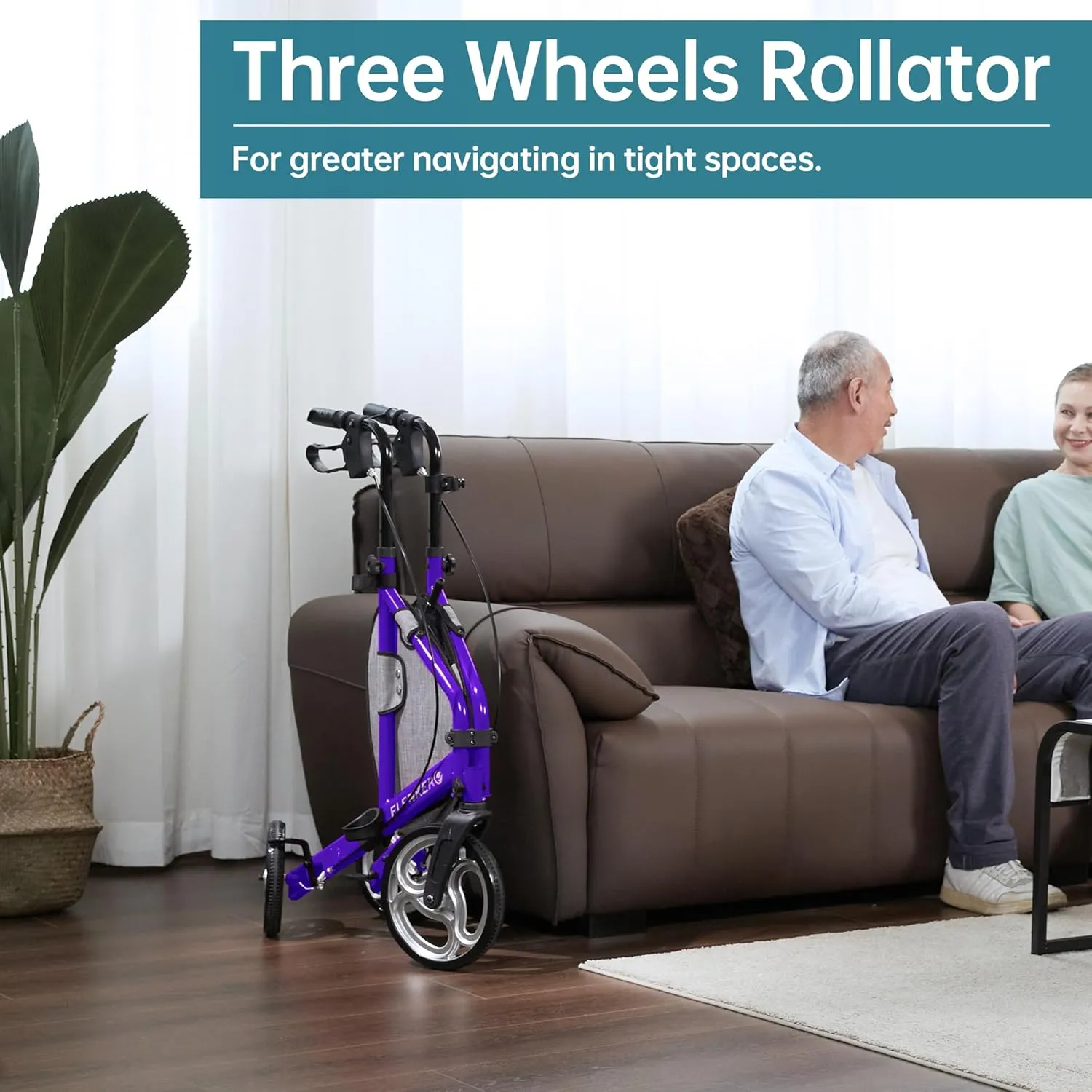 ELENKER 3 Wheel Rollator Walker for Seniors, Three Wheeled Mobility Aid, Purple