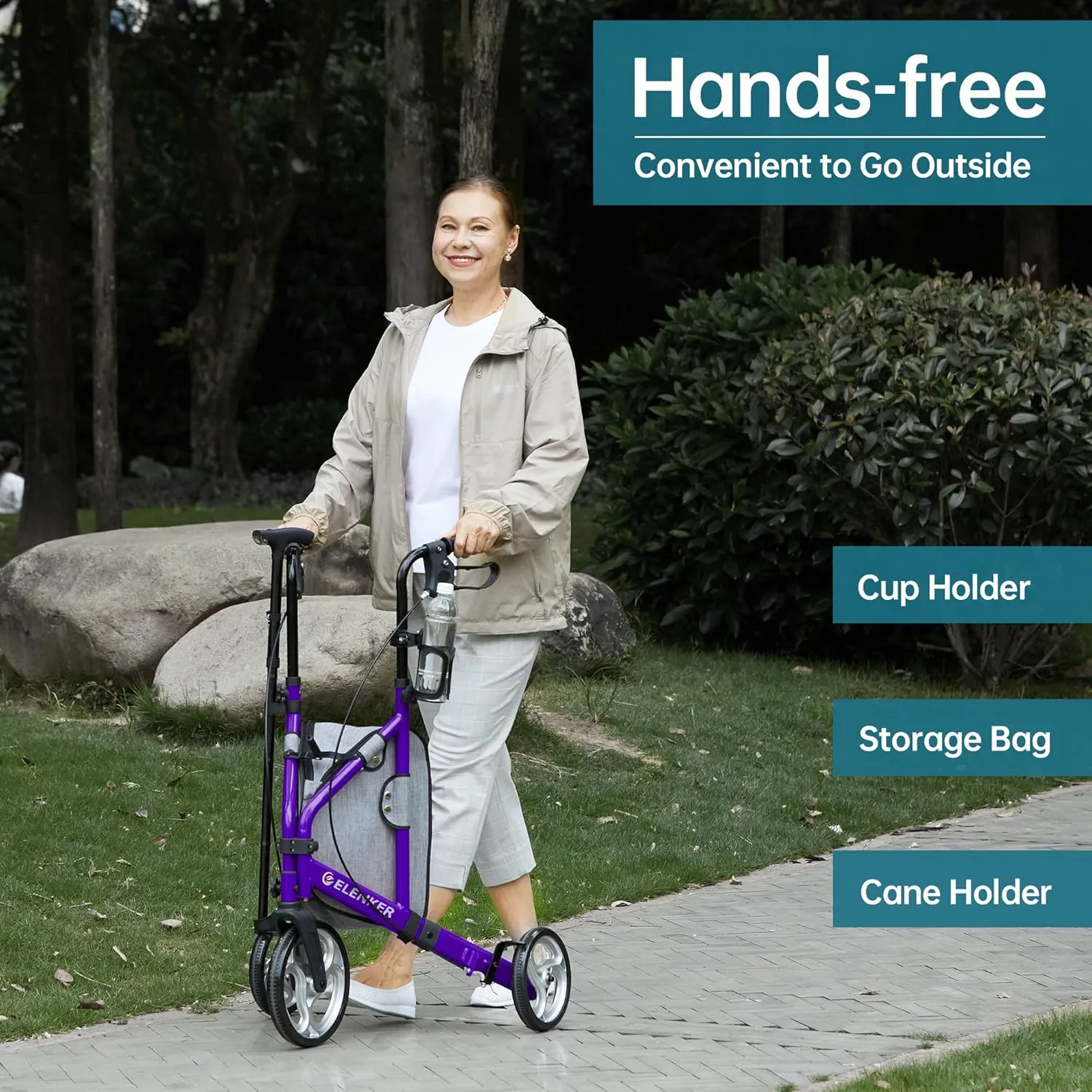 ELENKER 3 Wheel Rollator Walker for Seniors, Three Wheeled Mobility Aid, Purple