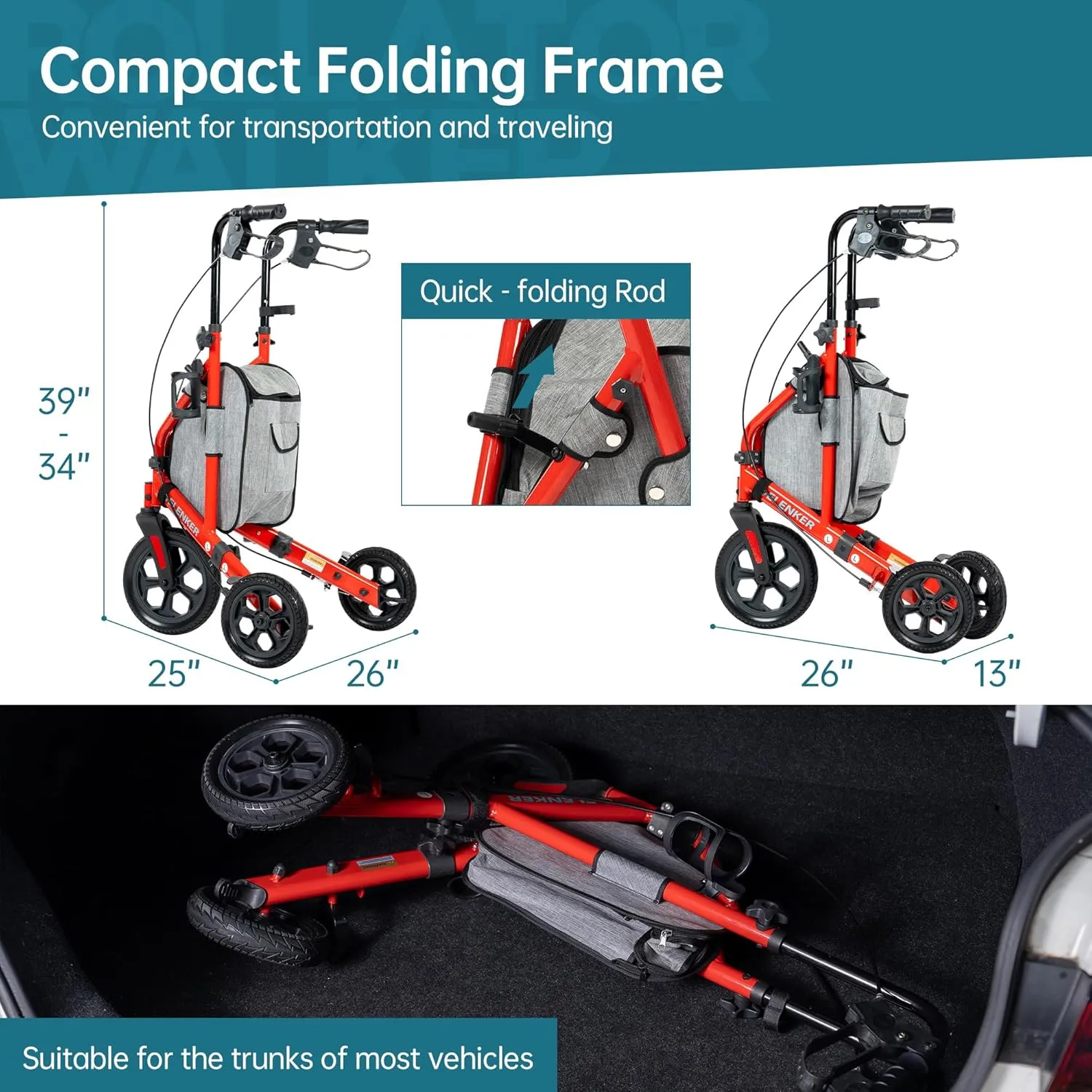 ELENKER All Terrain 3 Wheel Walkers for Seniors, 3 Wheeled Rollator with 10” Wheels, Narrow Walkers for Small Spaces, Compact Folding, Ideal for Traveling, Red