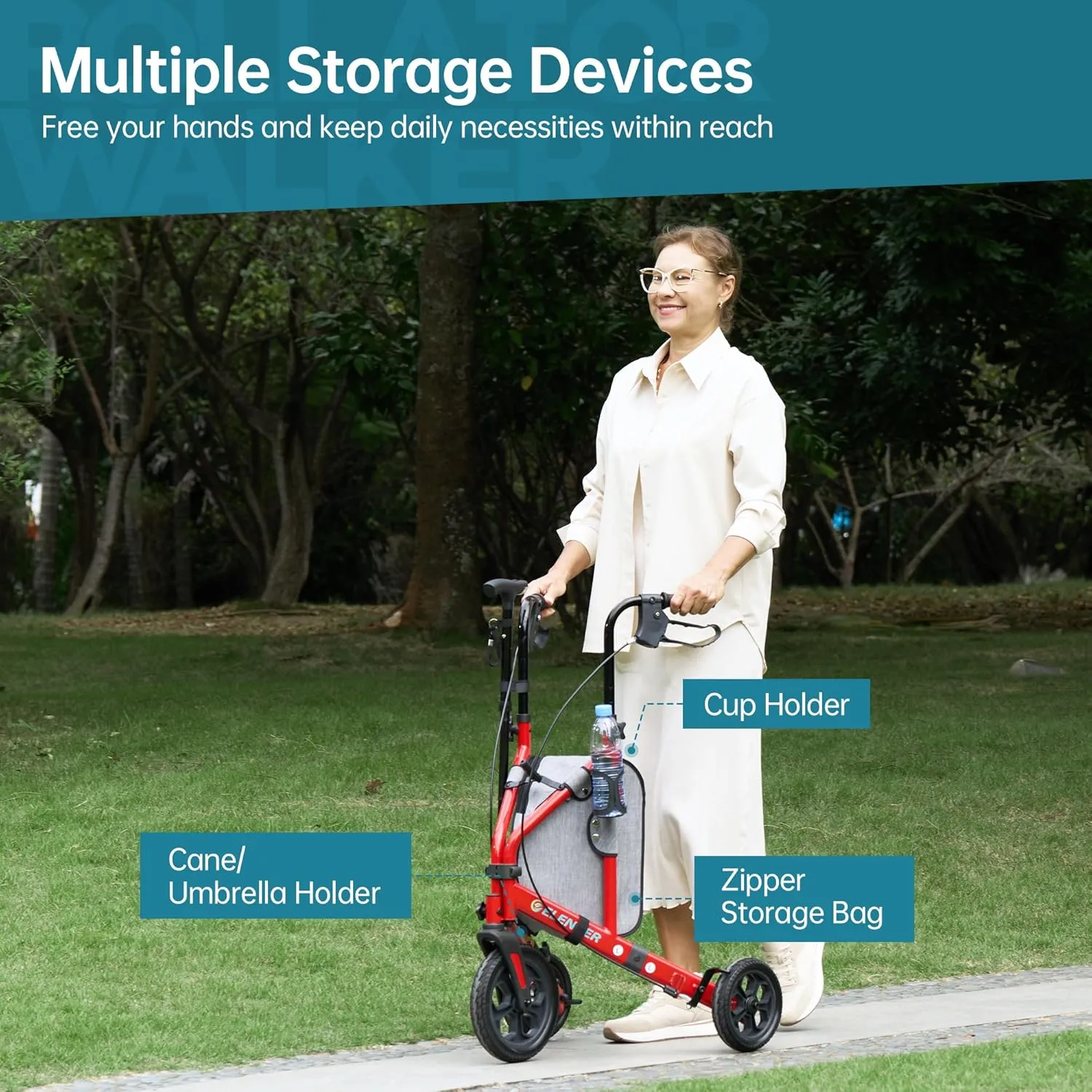 ELENKER All Terrain 3 Wheel Walkers for Seniors, 3 Wheeled Rollator with 10” Wheels, Narrow Walkers for Small Spaces, Compact Folding, Ideal for Traveling, Red