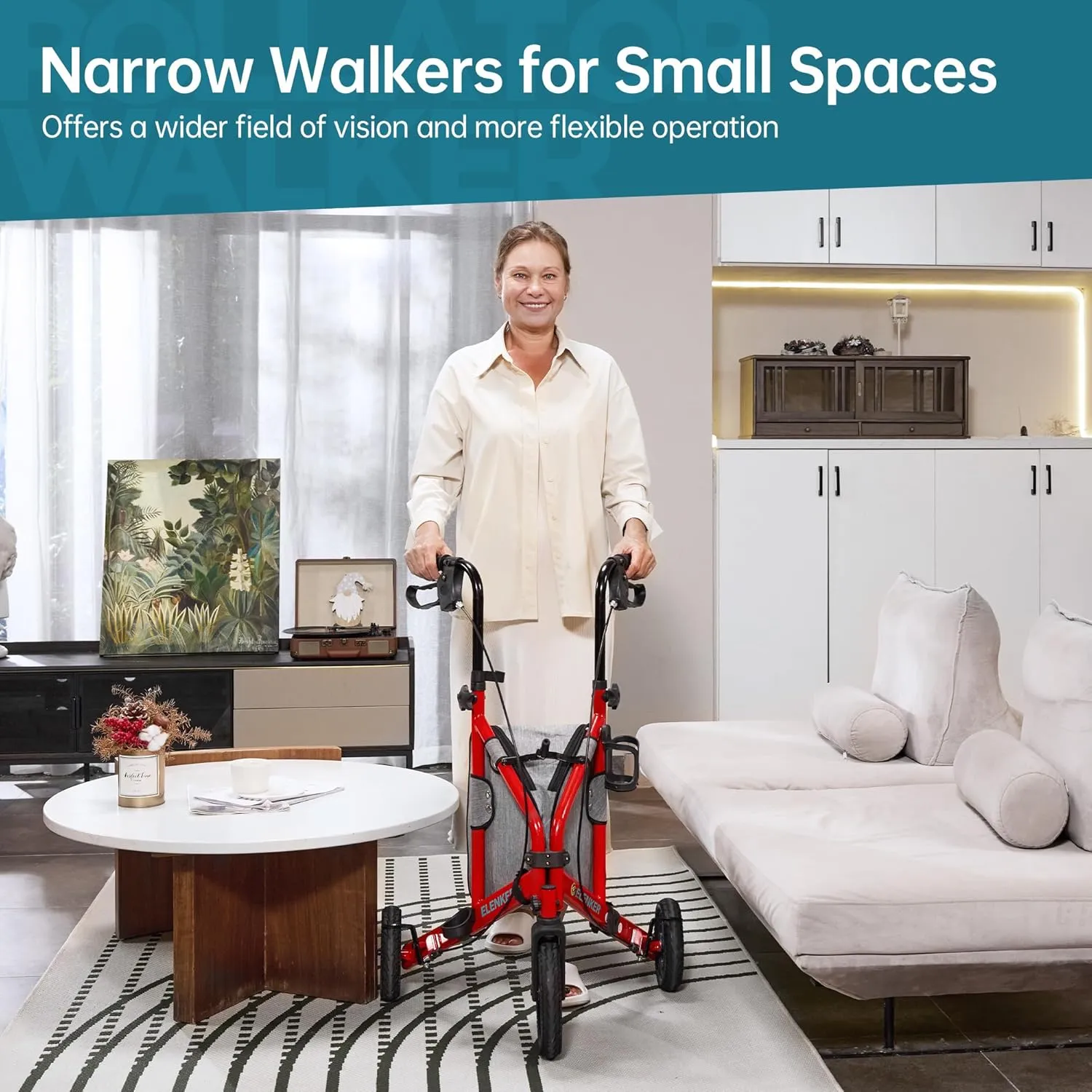 ELENKER All Terrain 3 Wheel Walkers for Seniors, 3 Wheeled Rollator with 10” Wheels, Narrow Walkers for Small Spaces, Compact Folding, Ideal for Traveling, Red