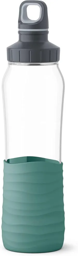 Emsa N3100300 Drink2Go Glass Drinking Bottle (Capacity: 0.7 Litres, Screw Cap) Petrol Green