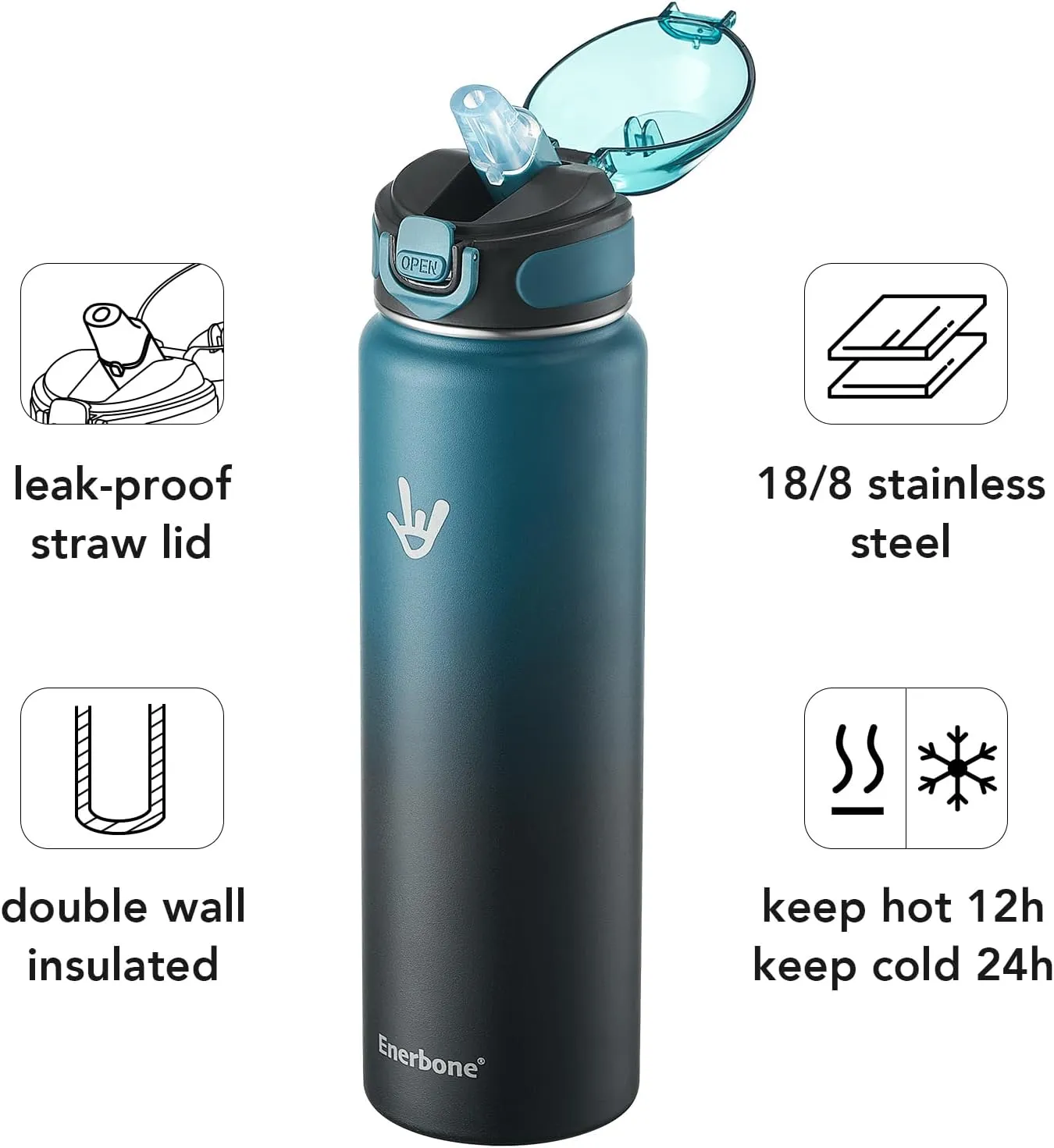 Enerbone Insulated Water Bottle, 32 oz Stainless Steel Water Bottles with Carrying Strap, Double-Wall Vacuum Insulation Thermos, Leakproof Sports Bottle with Straw, Keep Drinks Hot or Cold for Hours