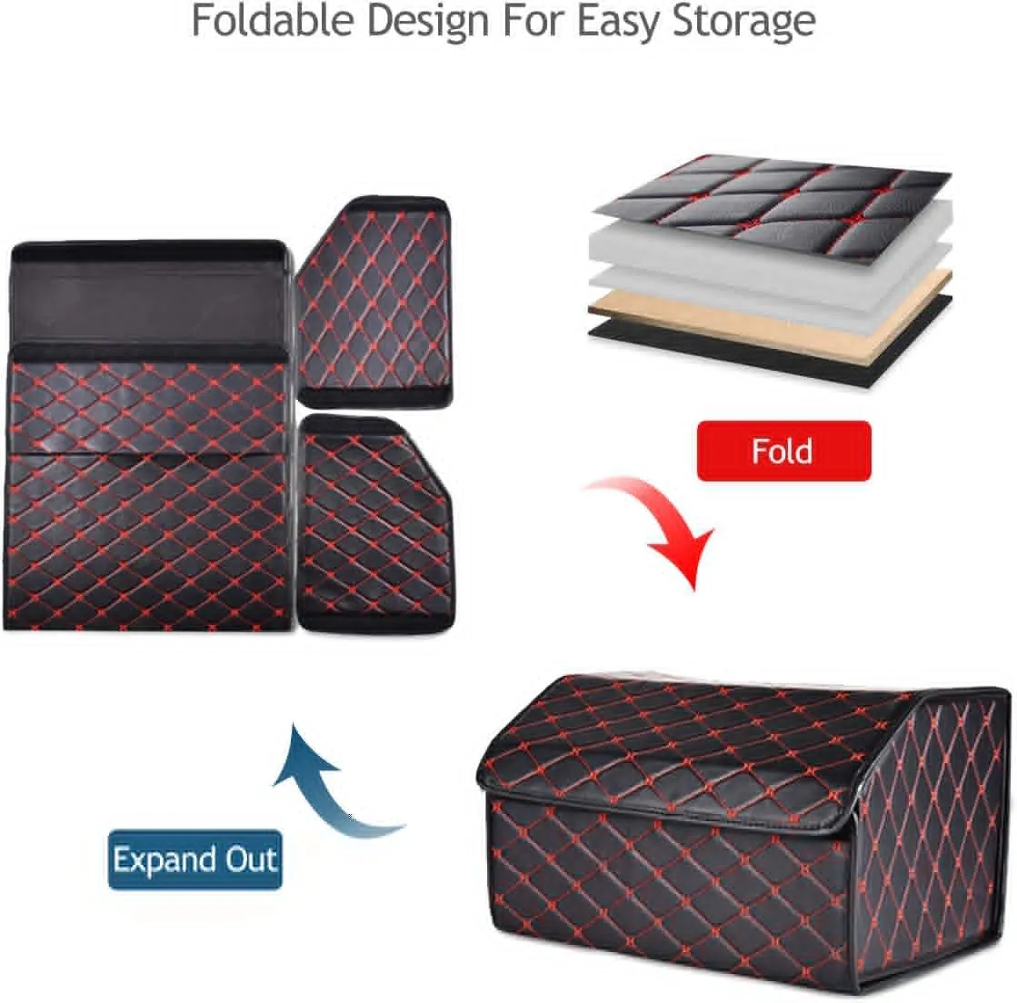 Ergocar Car Trunk Organizer Luxury Foldable Car Boot Tidy Storage Box Waterproof PU Car Boot Storage Organiser for Car/SUV/Truck/Auto (Black Red-S)