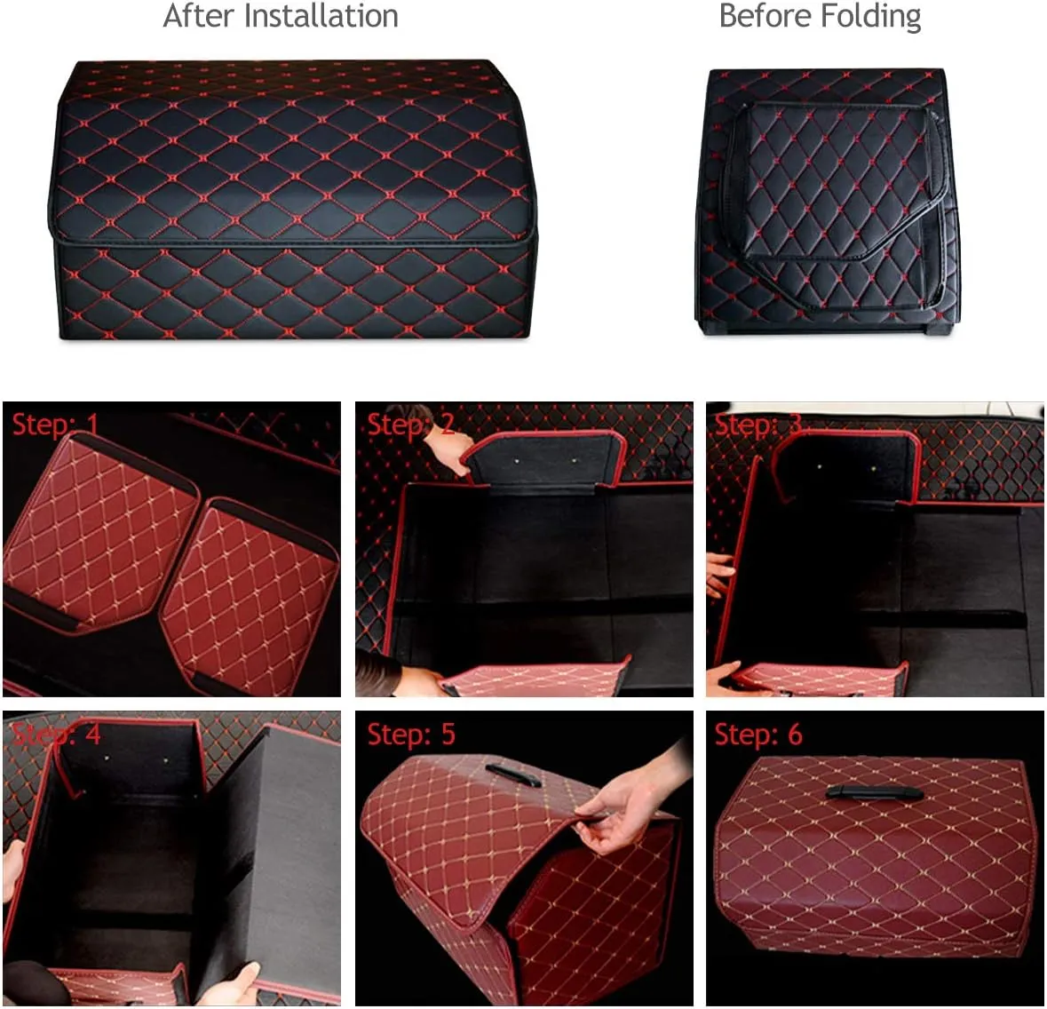 Ergocar Car Trunk Organizer Luxury Foldable Car Boot Tidy Storage Box Waterproof PU Car Boot Storage Organiser for Car/SUV/Truck/Auto (Black Red-S)