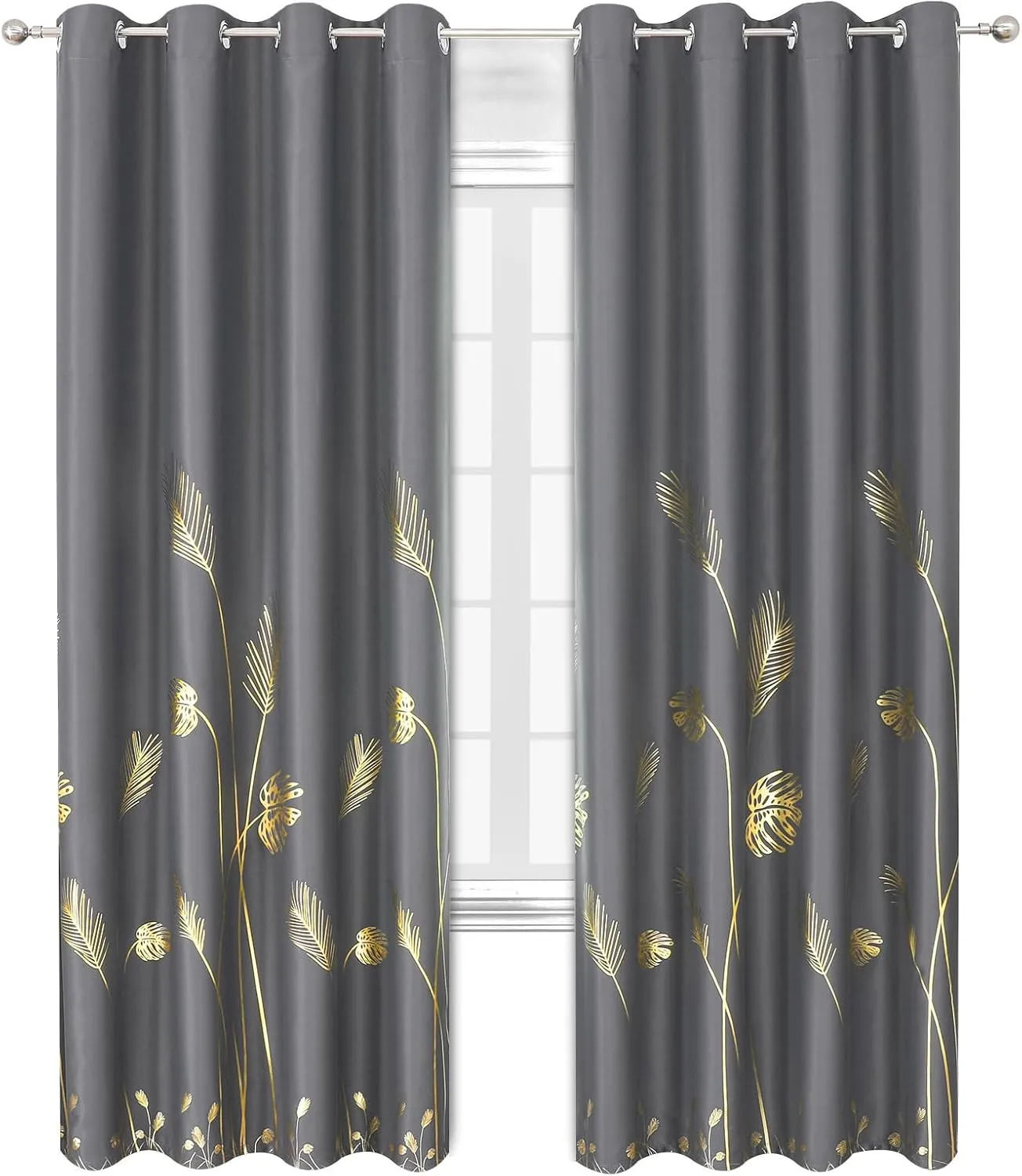 Estelar Textiler Dark Grey Blackout Curtains & Drapes 84 Inch Length 2 Panels Set for Living Room, Thermal Insulated Room Darkening Gold Palm Leaf Pattern Grommet Drapes for Bedroom, 52Wx84L,Dark Gray