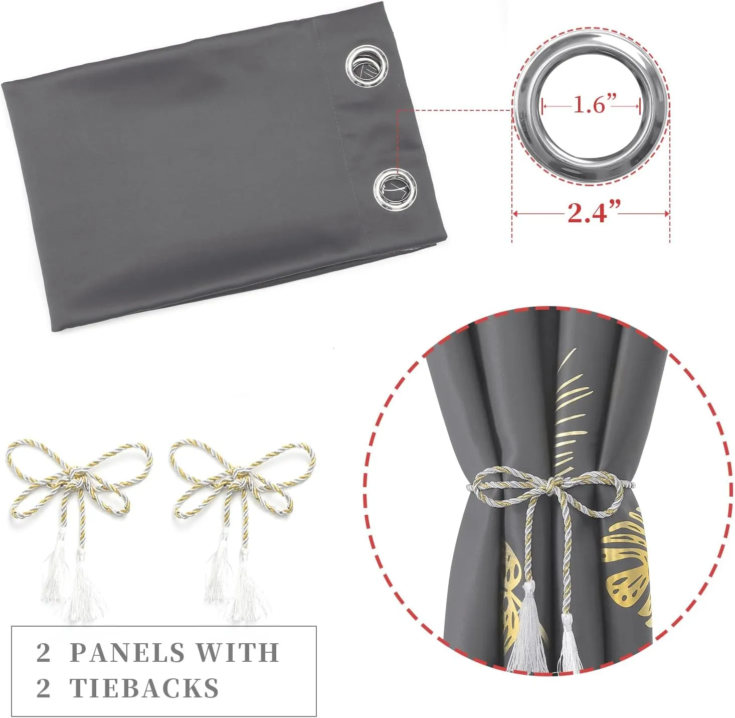 Estelar Textiler Dark Grey Blackout Curtains & Drapes 84 Inch Length 2 Panels Set for Living Room, Thermal Insulated Room Darkening Gold Palm Leaf Pattern Grommet Drapes for Bedroom, 52Wx84L,Dark Gray