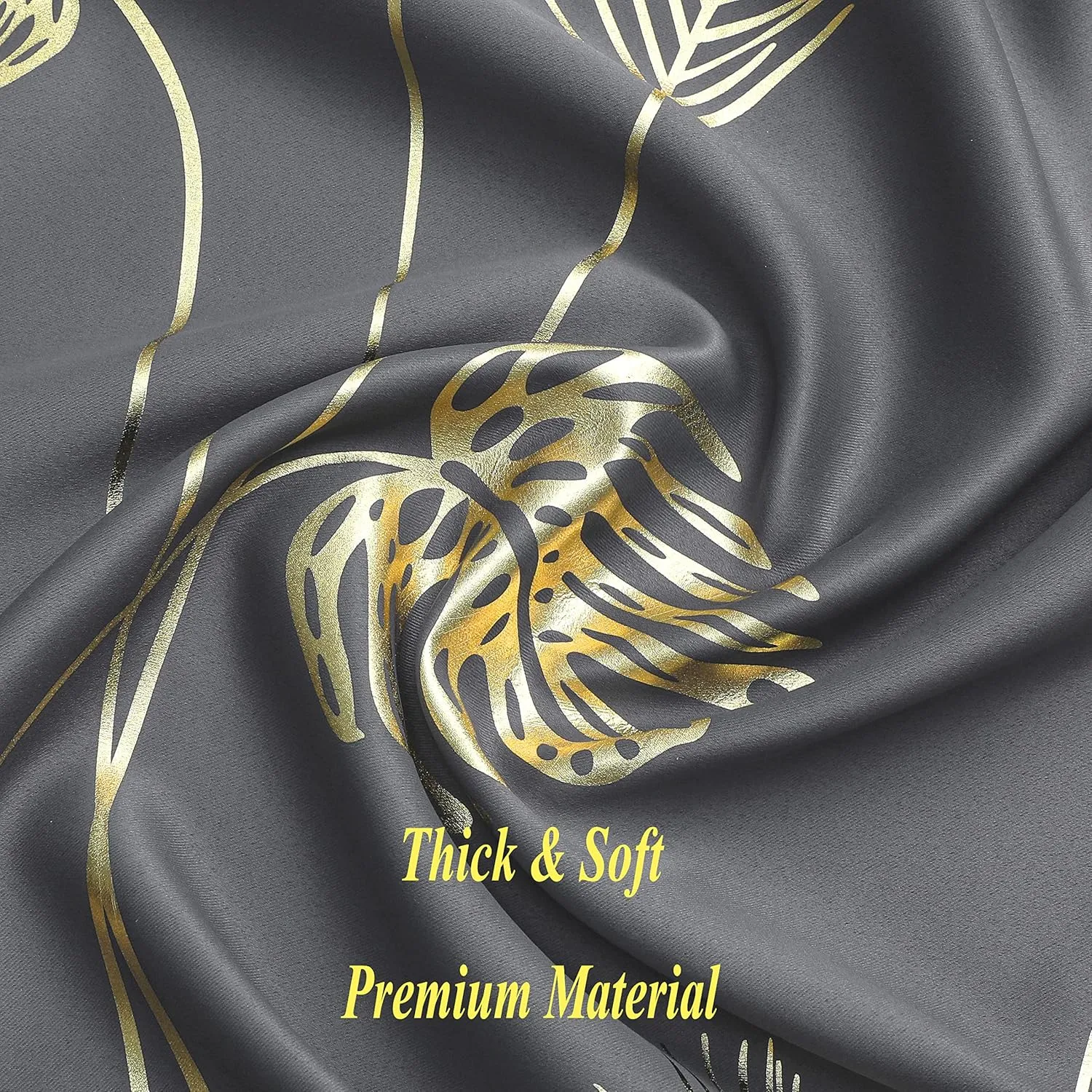 Estelar Textiler Dark Grey Blackout Curtains & Drapes 84 Inch Length 2 Panels Set for Living Room, Thermal Insulated Room Darkening Gold Palm Leaf Pattern Grommet Drapes for Bedroom, 52Wx84L,Dark Gray