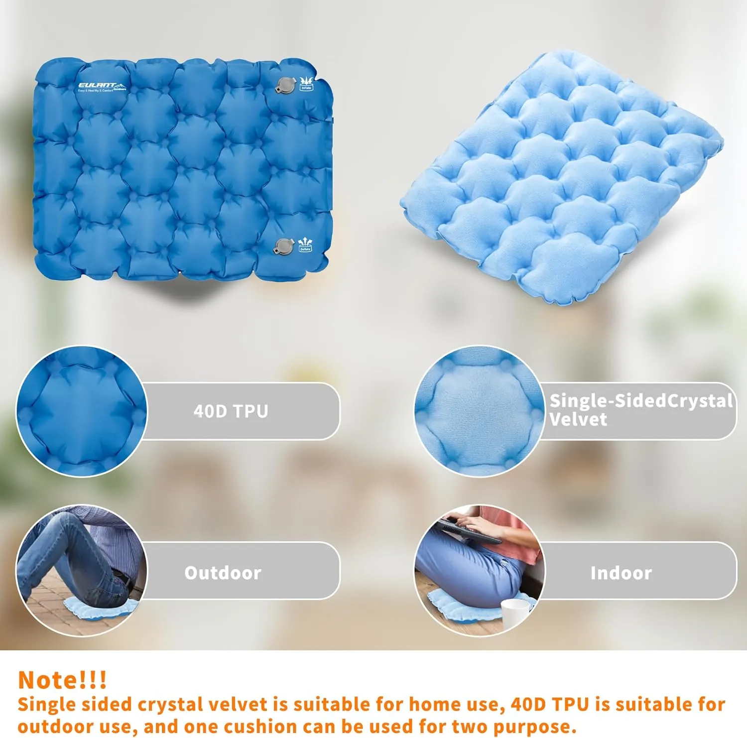 Eulant Lightweight Inflatable Air Seat Cushion - Portable Travel Cushion, Suitable for Camping, Hiking, Climbing, Bleacher, Home and Office