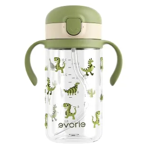 Evorie Tritan Spill Proof Toddler Straw Sippy Cup, 10 oz for Baby and Toddlers 1-3 Years Old, No Spill Straw Water Bottle with Removable Handles, Ideal for School, BPA-Free, Green Dino (NEW)