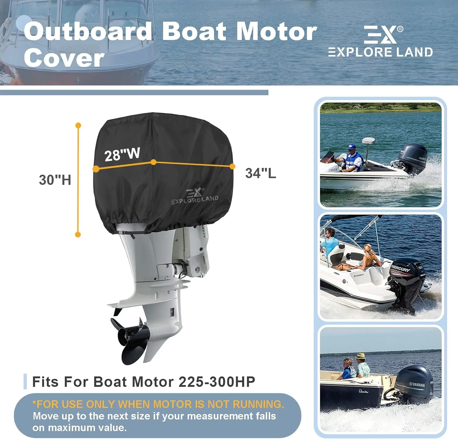 Explore Land Outboard Motor Cover - Waterproof 600D Heavy Duty Boat Engine Hood Covers - Fit for Motor 225-300 HP, Black