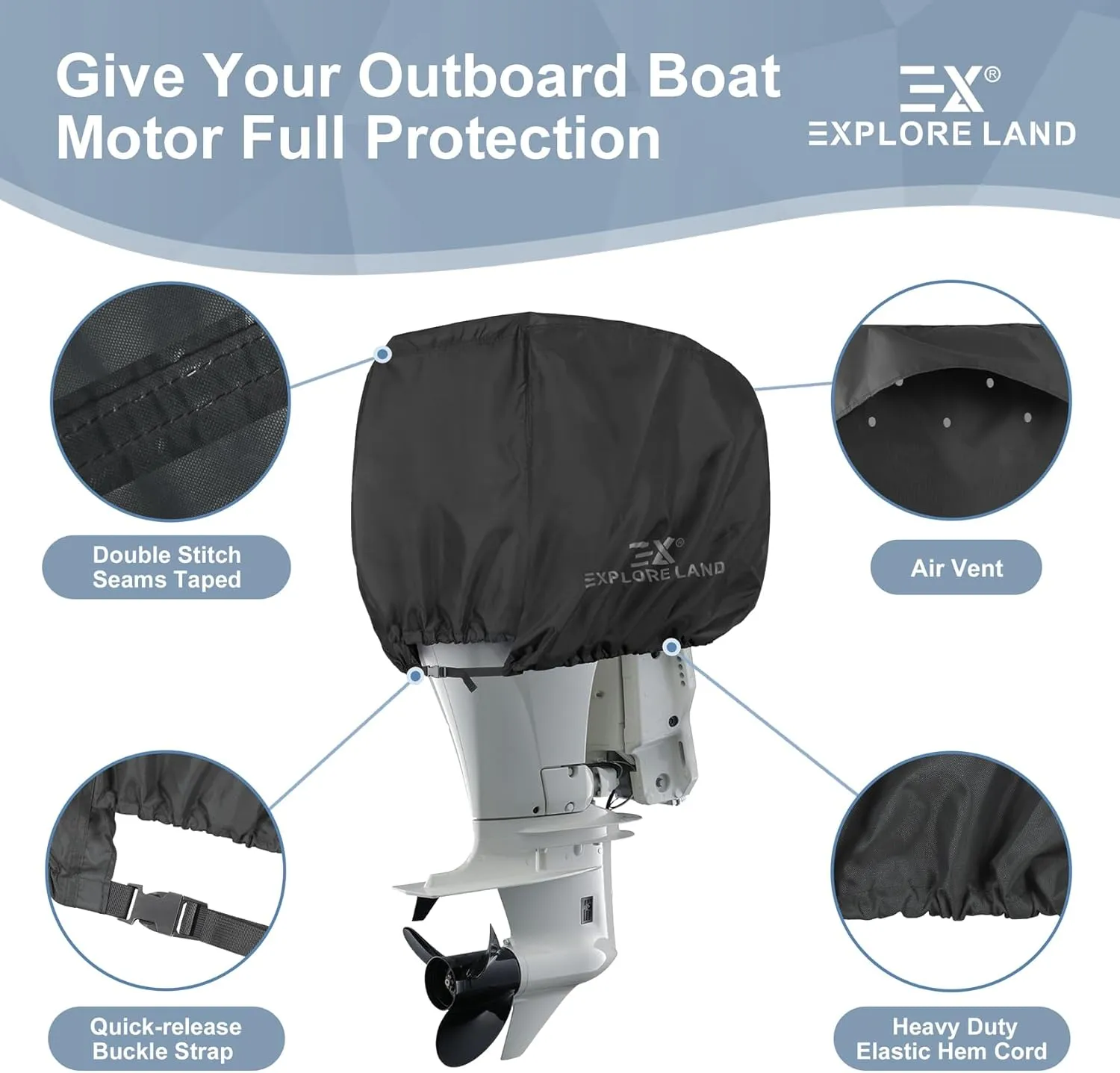 Explore Land Outboard Motor Cover - Waterproof 600D Heavy Duty Boat Engine Hood Covers - Fit for Motor 225-300 HP, Black