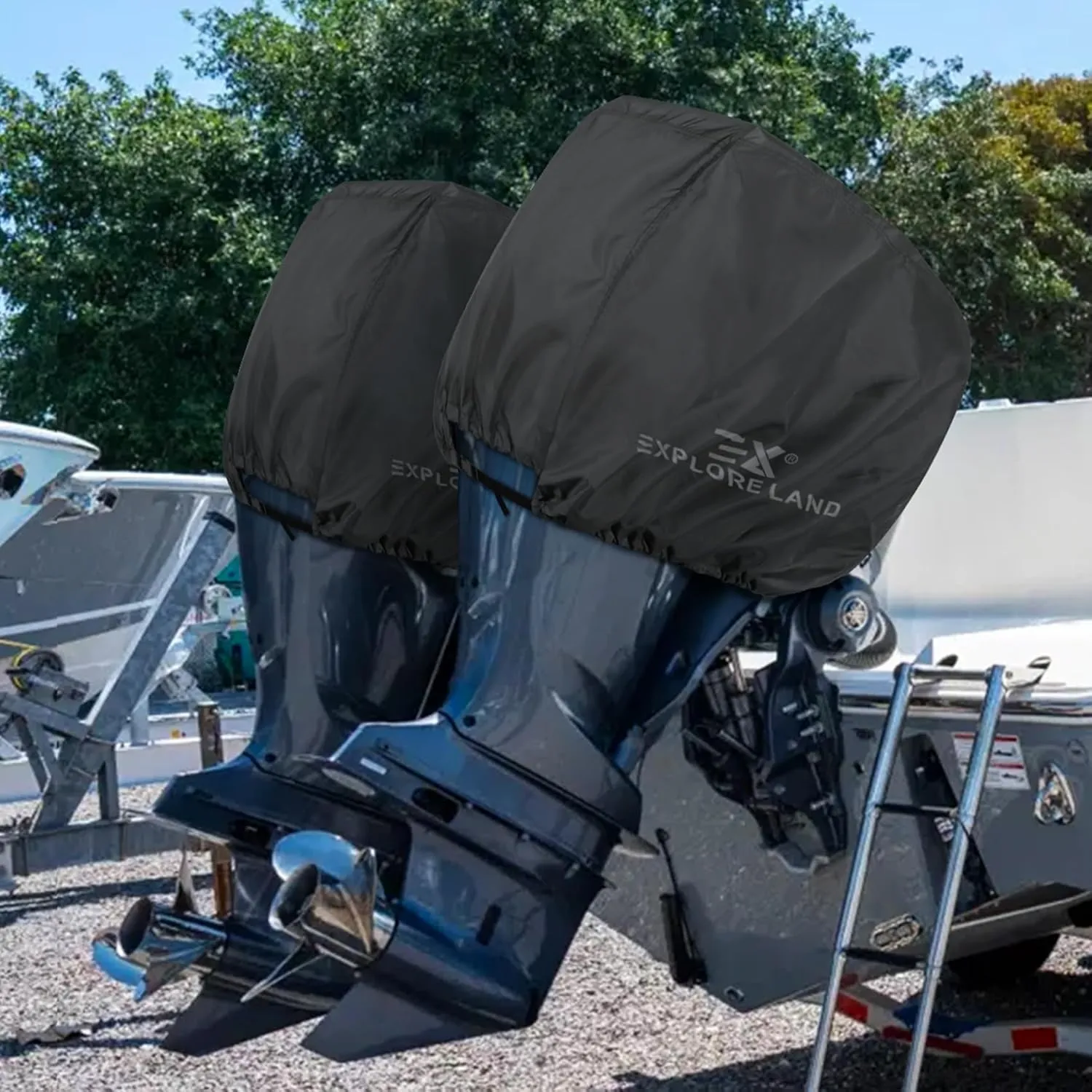 Explore Land Outboard Motor Cover - Waterproof 600D Heavy Duty Boat Engine Hood Covers - Fit for Motor 225-300 HP, Black