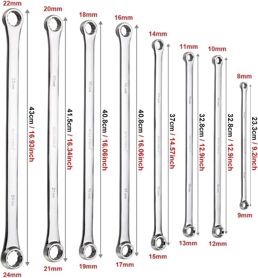 Extra Long Double Box End Wrench Set Chrome Vanadium Steel Aviation Wrenches Metric 8-24mm with Organizer Box (8-Piece)
