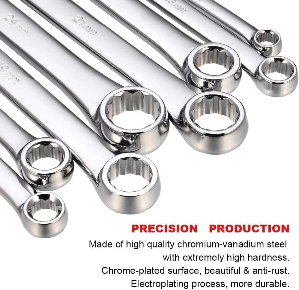 Extra Long Double Box End Wrench Set Chrome Vanadium Steel Aviation Wrenches Metric 8-24mm with Organizer Box (8-Piece)