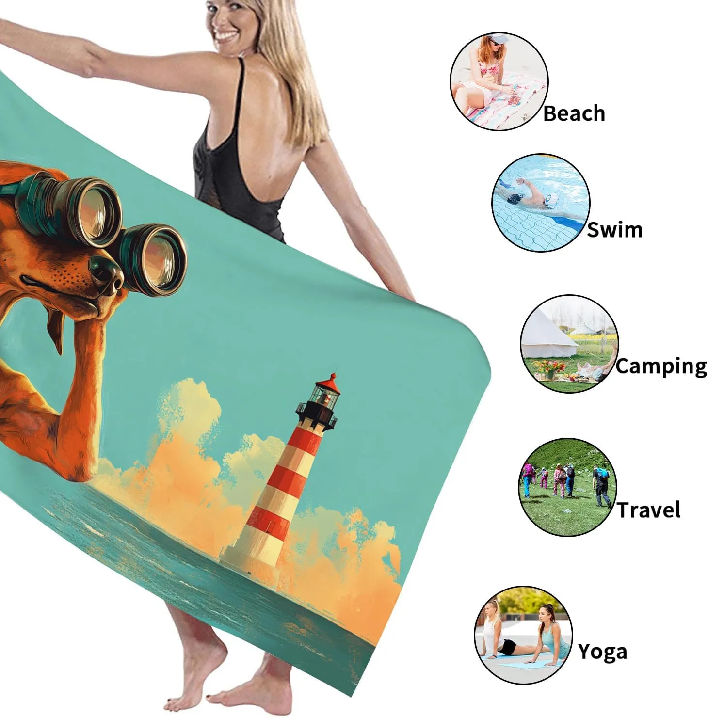 Fanciful Dog Microfiber Beach Towel Aqua Cartoon Dog with Binoculars Design, Quick Dry Absorbent Sand Free Lightweight Beach Blanket, Summer Vacation Pool Gym Essentials 70x35 Inch