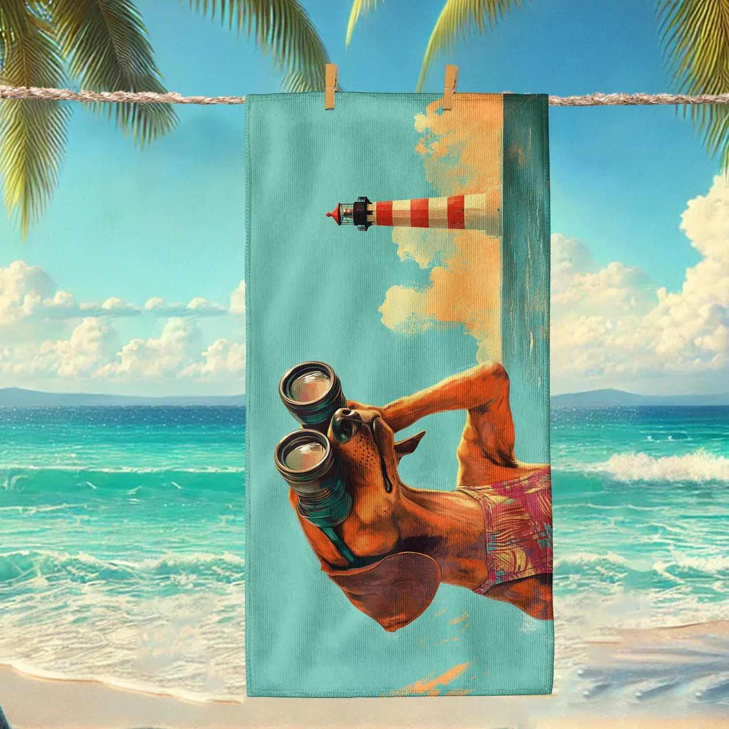 Fanciful Dog Microfiber Beach Towel Aqua Cartoon Dog with Binoculars Design, Quick Dry Absorbent Sand Free Lightweight Beach Blanket, Summer Vacation Pool Gym Essentials 70x35 Inch
