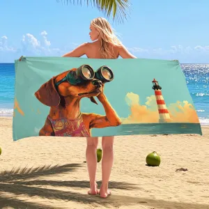 Fanciful Dog Microfiber Beach Towel Aqua Cartoon Dog with Binoculars Design, Quick Dry Absorbent Sand Free Lightweight Beach Blanket, Summer Vacation Pool Gym Essentials 70x35 Inch