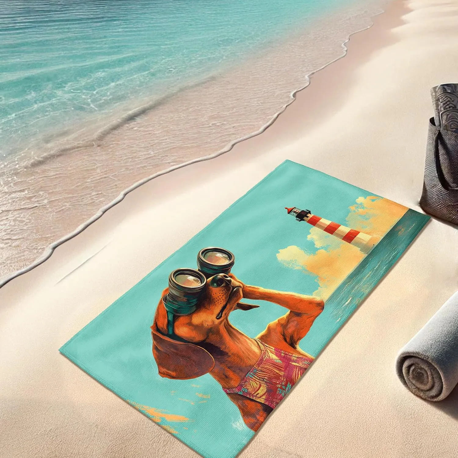 Fanciful Dog Microfiber Beach Towel Aqua Cartoon Dog with Binoculars Design, Quick Dry Absorbent Sand Free Lightweight Beach Blanket, Summer Vacation Pool Gym Essentials 70x35 Inch
