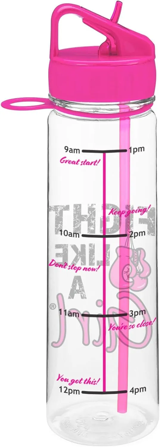 Fight Like a Girl Knockout SlimKim Water Sports Bottle 30 oz for Breast Cancer Awareness with Motivational Time Marker - Hot Pink