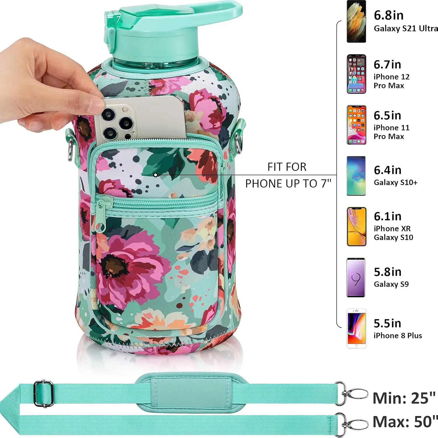 Fimibuke Half Gallon Water Bottle with Sleeve 64 OZ Water Bottle with Handle & Straw Leakproof Motivational Sports Gym Water Bottle with Time Marker BPA Free Water Jug with Reusable Neoprene Holder