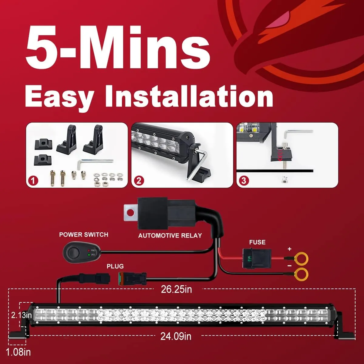 Firehawk LED Light Bar 24 Inch 60,000LM, 2025 New Japanese L-A-B Chips, Spot Flood Combo Beam, Driving Off Road Fog Work for Truck Pickup ATV UTV SUV Cart IP68 Waterproof with 12V Wiring Harness kit