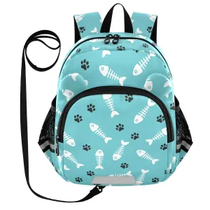 Fishbone Paws Cyan Toddler Harness Backpack for Boys Girls 3-6 Years Kids Backpack with Anti Lost Safety Leash Baby Travel Bag for Travel Walking Preschool
