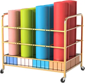 Floorstanding Rolling Yoga Mat Rack Cart with Lockable Wheels, Multi-Function Large Capacity Foam Roller Storage Organizer for Gym/Yoga Studio/Home (Color : White) (Gold)