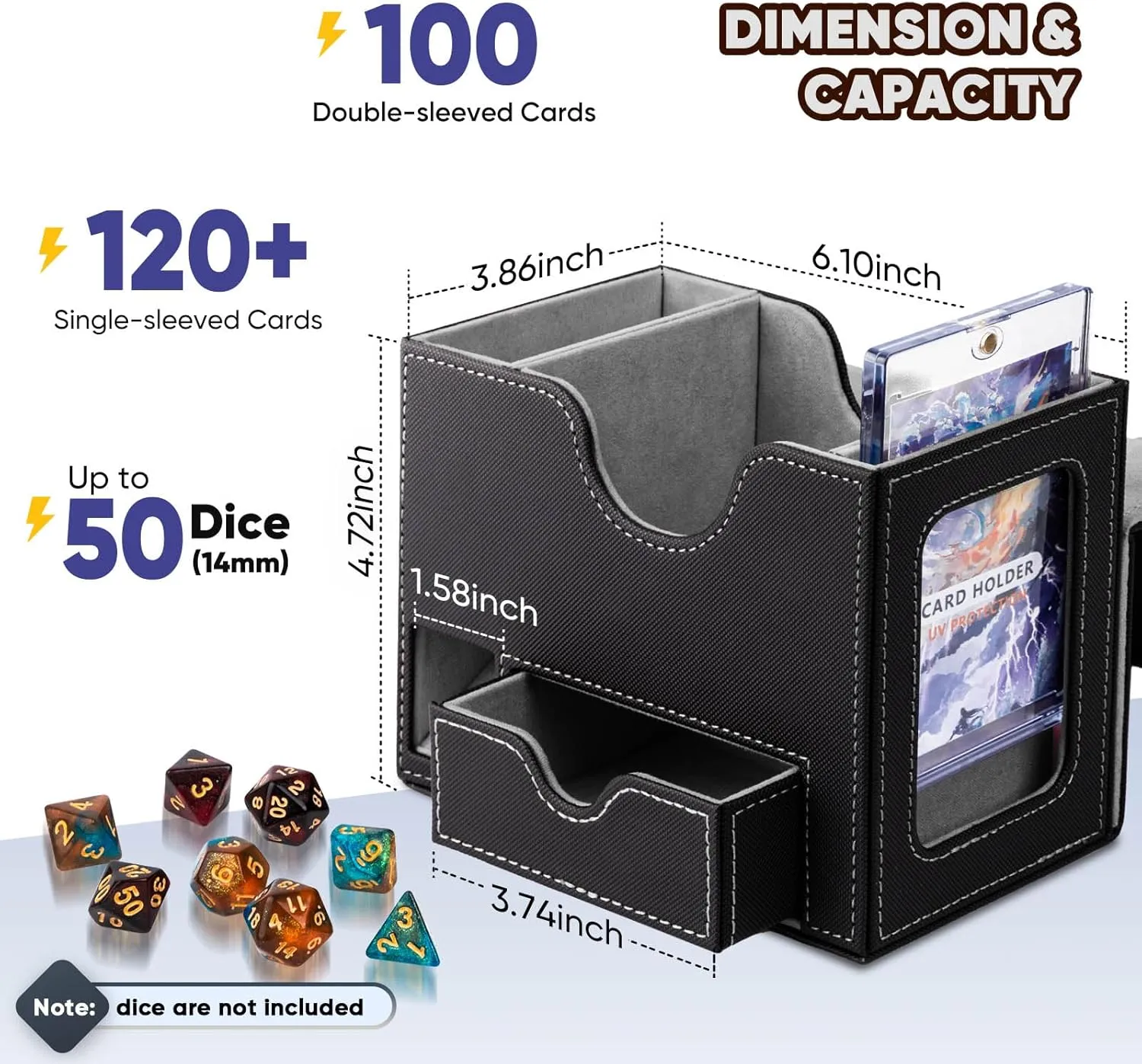 Flooyes MTG Commander Deck Box, Card Storage Box Fits 100 Double-Sleeved Cards, 35pt Card Brick, Dice Tray & Dice Pool, PU Leather Strong Magnet Card Deck Case for Magic Commander TCG CCG, Black/Grey