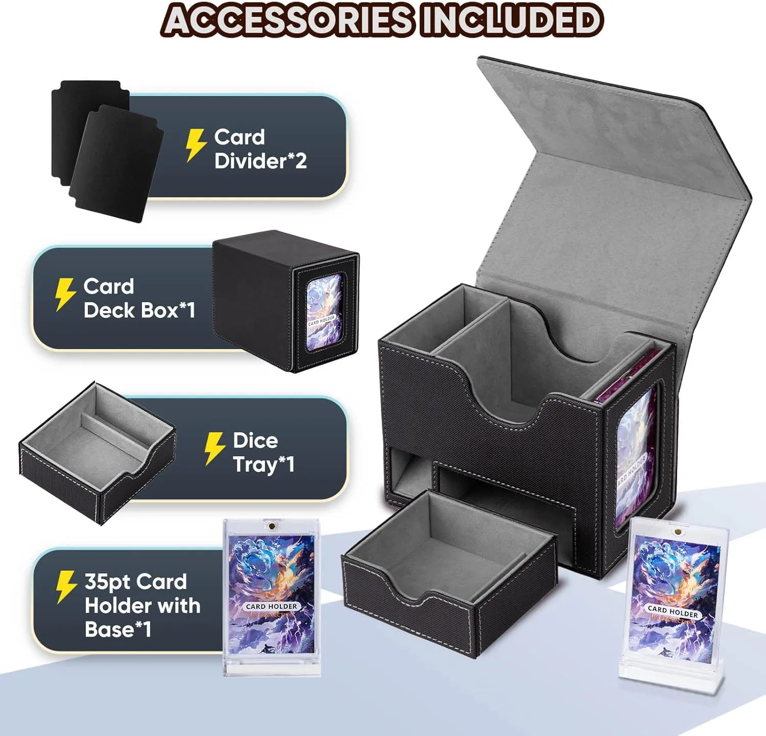Flooyes MTG Commander Deck Box, Card Storage Box Fits 100 Double-Sleeved Cards, 35pt Card Brick, Dice Tray & Dice Pool, PU Leather Strong Magnet Card Deck Case for Magic Commander TCG CCG, Black/Grey