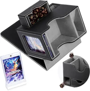 Flooyes MTG Commander Deck Box, Card Storage Box Fits 100 Double-Sleeved Cards, 35pt Card Brick, Dice Tray & Dice Pool, PU Leather Strong Magnet Card Deck Case for Magic Commander TCG CCG, Black/Grey