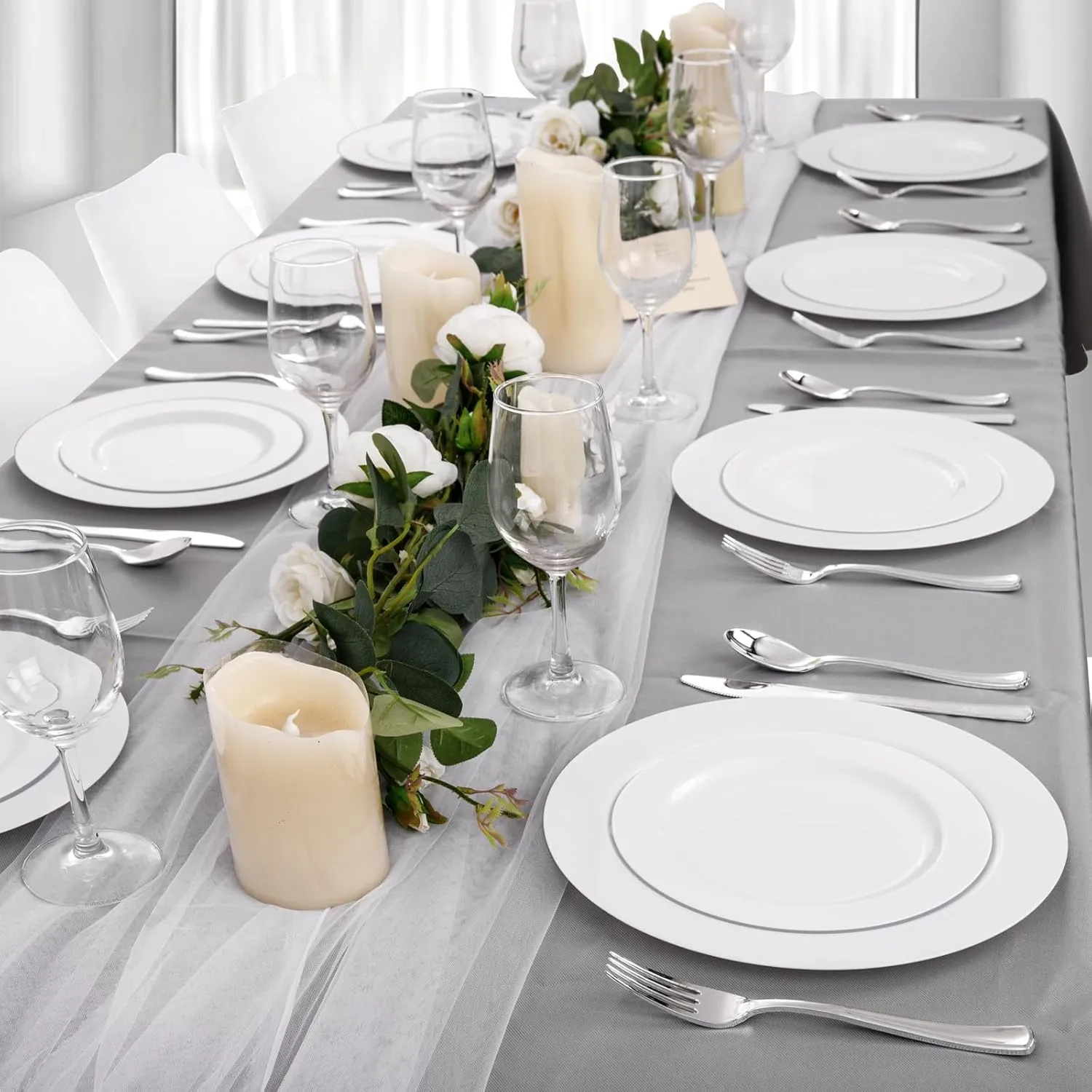 FLOWERCAT 60PCS White Plastic Plates - Heavy Duty White Disposable Plates for Birthday Party/Wedding -serve for 30 guests Include 30PCS 10.25" Dinner Plates & 30PCS 7.5" Dessert Plates for Party