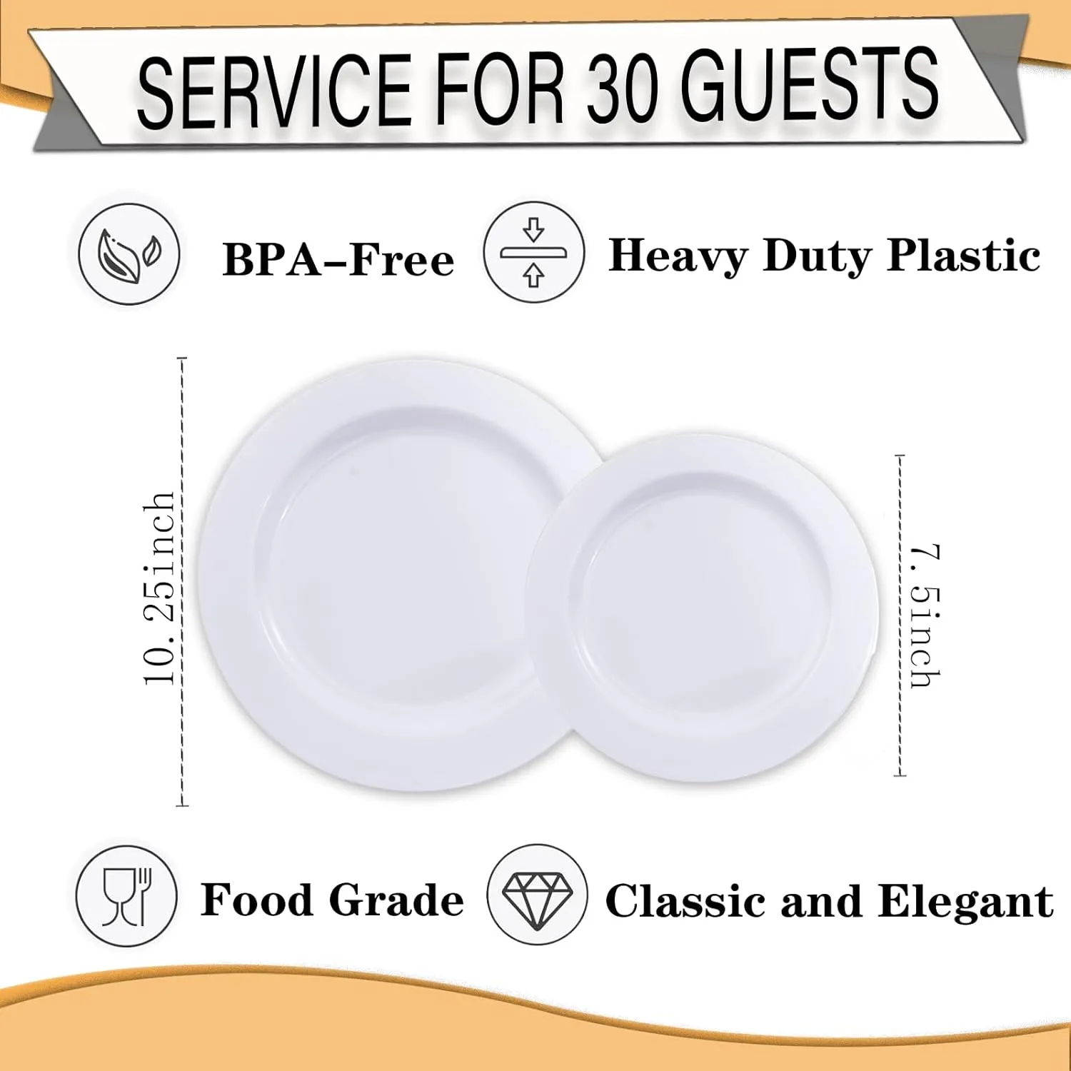 FLOWERCAT 60PCS White Plastic Plates - Heavy Duty White Disposable Plates for Birthday Party/Wedding -serve for 30 guests Include 30PCS 10.25" Dinner Plates & 30PCS 7.5" Dessert Plates for Party