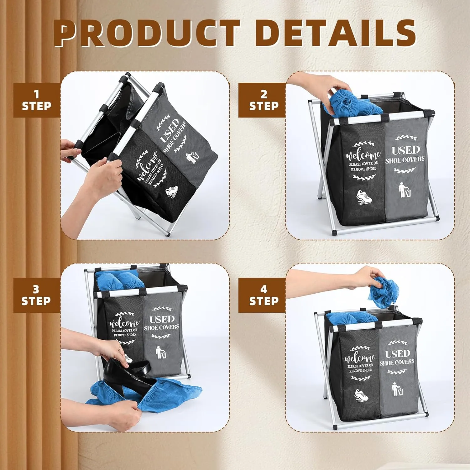 Foldable Disposable Shoe Cover Box Dispenser Fabric Storage Bin Holder with Used Shoe Covers and Welcome Please or Remove Sign for Open House Supplies(Black, Gray)