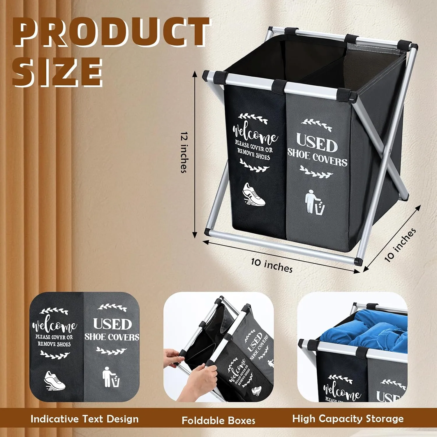 Foldable Disposable Shoe Cover Box Dispenser Fabric Storage Bin Holder with Used Shoe Covers and Welcome Please or Remove Sign for Open House Supplies(Black, Gray)