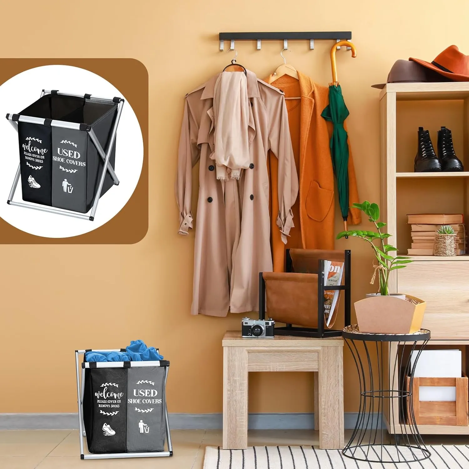 Foldable Disposable Shoe Cover Box Dispenser Fabric Storage Bin Holder with Used Shoe Covers and Welcome Please or Remove Sign for Open House Supplies(Black, Gray)