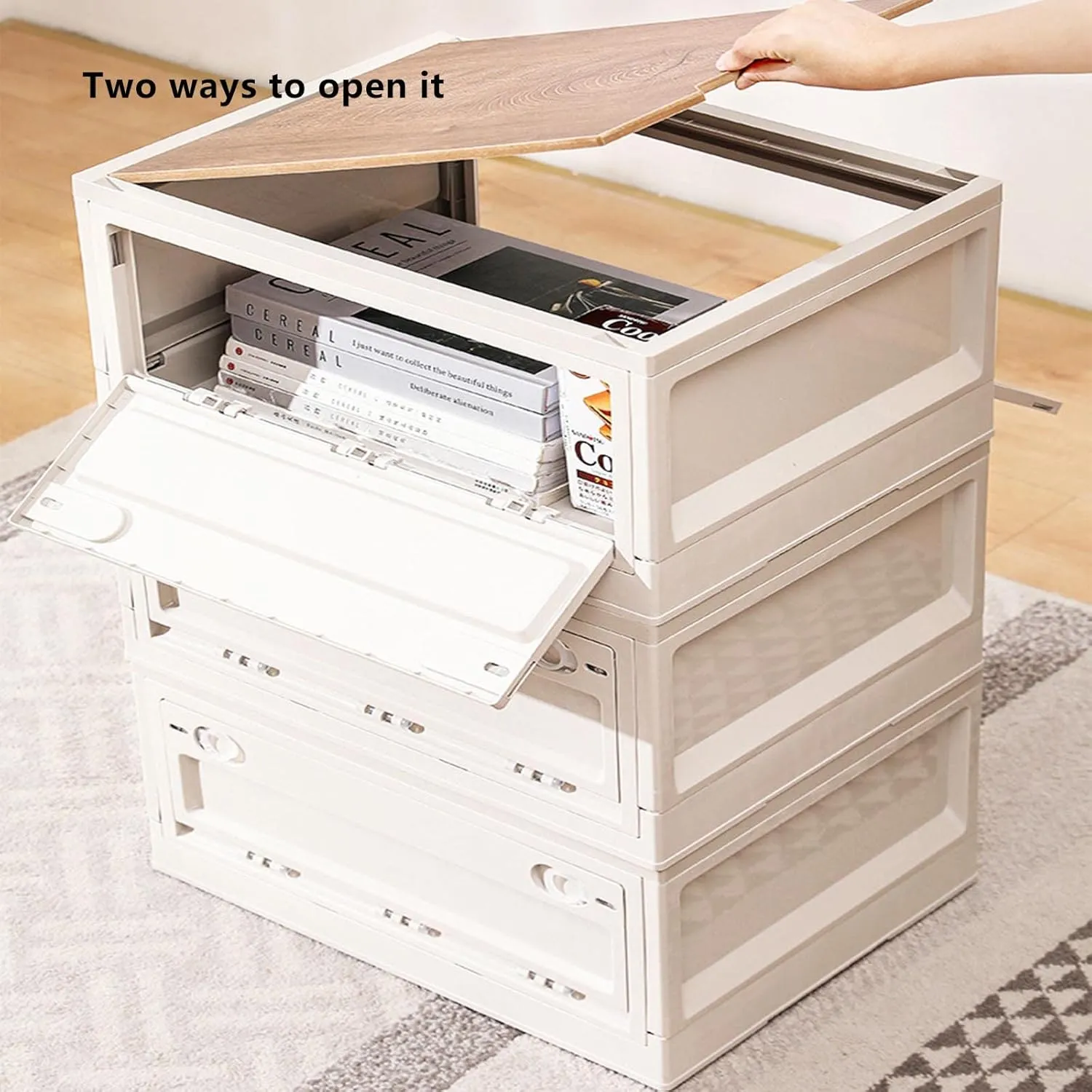 Foldable storage box with wooden lid, foldable camping storage box, multifunctional plastic storage container for family gathering picnic camping barbecue fishing (23.4*16*13.4 in., Military green)