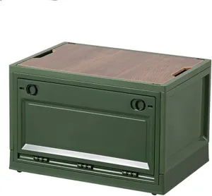 Foldable storage box with wooden lid, foldable camping storage box, multifunctional plastic storage container for family gathering picnic camping barbecue fishing (23.4*16*13.4 in., Military green)