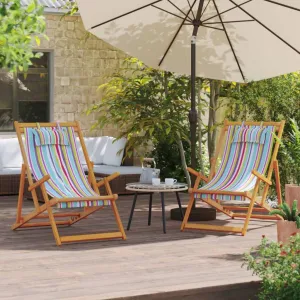 Folding Beach Chairs 2 pcs Multicolor Fabric, Adjustable Recliner with Eucalyptus Wood Frame, Portable and Foldable Design