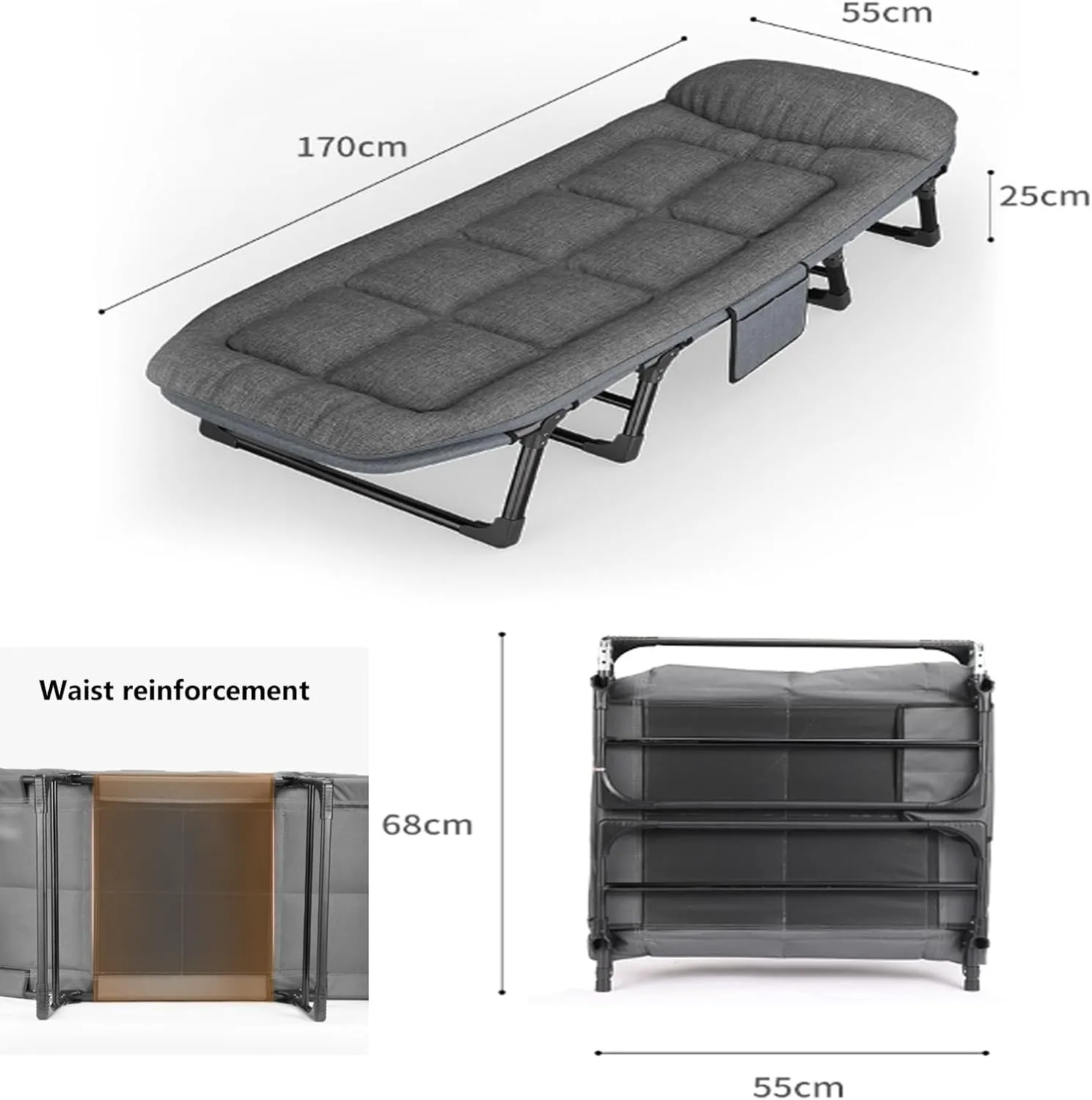 Folding Camping Cot, Portable Foldable Guest Bed with Side Storage Bag, 6-Position Adjustable Lounge Foldable Bed for Home Office Nap Beach Pool Patio Travel, Steady Frame(170 * 55 * 25cm)