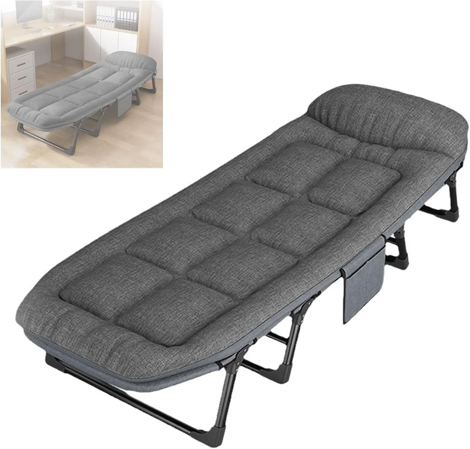 Folding Camping Cot, Portable Foldable Guest Bed with Side Storage Bag, 6-Position Adjustable Lounge Foldable Bed for Home Office Nap Beach Pool Patio Travel, Steady Frame(170 * 55 * 25cm)