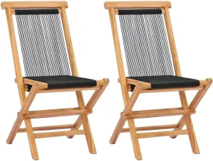 Folding Patio Chairs 2 Pack Solid Teak Wood and Polyester Rope Outdoor Lounge Chairs for Garden Beach Poolside Foldable Comfortable Patio Furniture