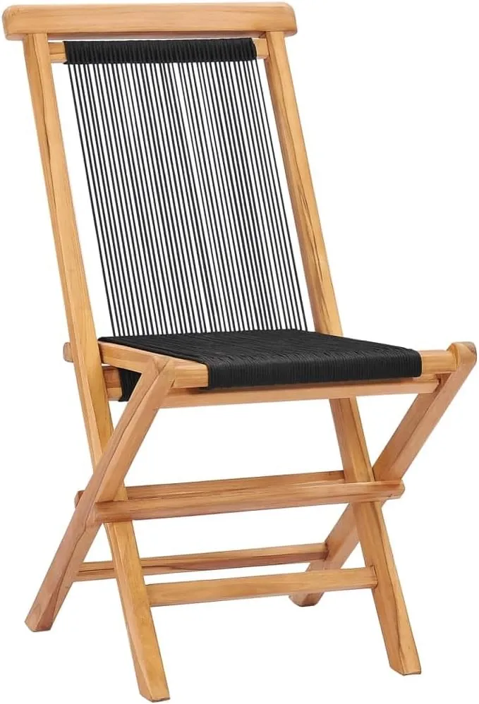 Folding Patio Chairs 2 Pack Solid Teak Wood and Polyester Rope Outdoor Lounge Chairs for Garden Beach Poolside Foldable Comfortable Patio Furniture
