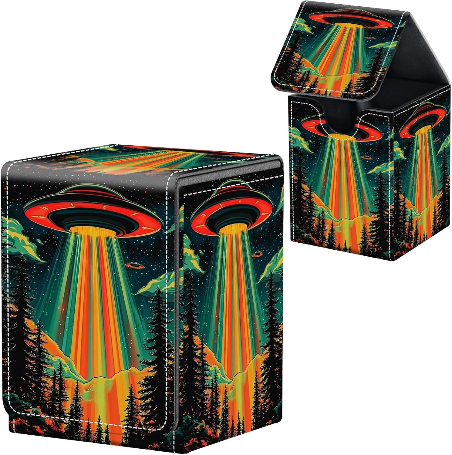 For MTG Deck Box, Fits 100  Single Sleeved Cards, Strong Magnet Card Deck Box, PU Leather Trading Card Storage Box, TCG, CCG Cards Secure Storage for Trading Card, Alien Flying Saucers