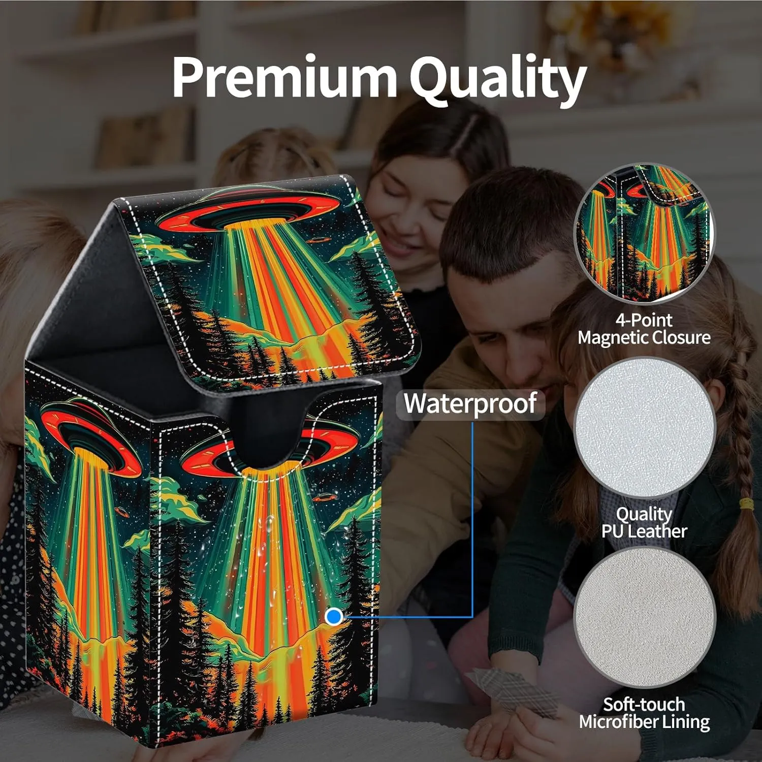 For MTG Deck Box, Fits 100  Single Sleeved Cards, Strong Magnet Card Deck Box, PU Leather Trading Card Storage Box, TCG, CCG Cards Secure Storage for Trading Card, Alien Flying Saucers