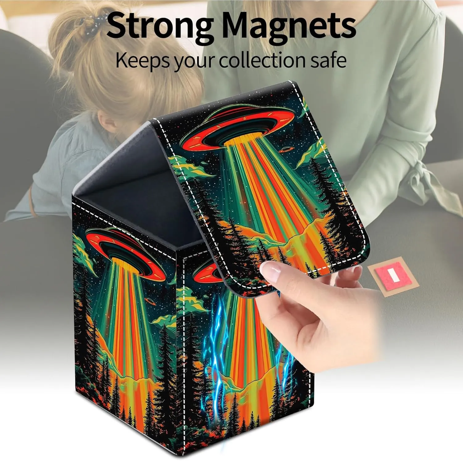 For MTG Deck Box, Fits 100  Single Sleeved Cards, Strong Magnet Card Deck Box, PU Leather Trading Card Storage Box, TCG, CCG Cards Secure Storage for Trading Card, Alien Flying Saucers