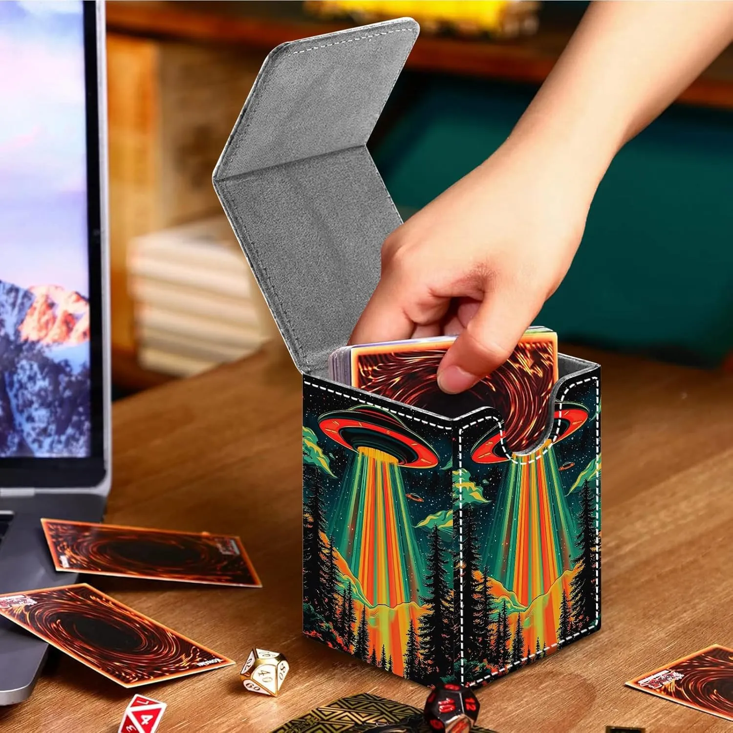 For MTG Deck Box, Fits 100  Single Sleeved Cards, Strong Magnet Card Deck Box, PU Leather Trading Card Storage Box, TCG, CCG Cards Secure Storage for Trading Card, Alien Flying Saucers