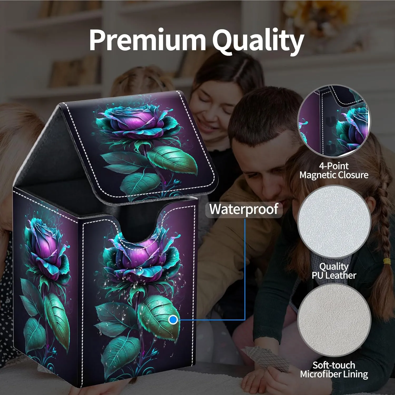 For MTG Deck Box, Fits 100  Single Sleeved Cards, Strong Magnet Card Deck Box, PU Leather Trading Card Storage Box, TCG, CCG Cards Secure Storage for Trading Card, Blue Rose Flower -20